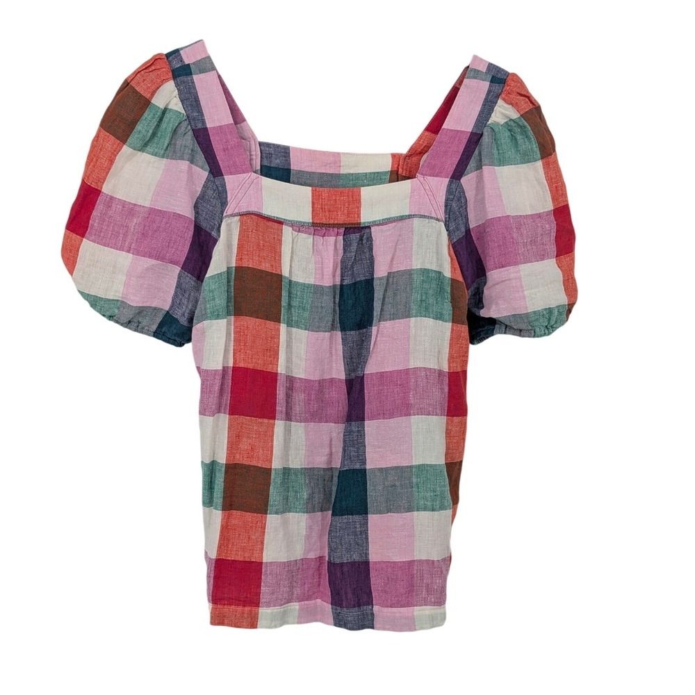 Boden Linen Puff Sleeve Top Women 6 Multicolor Plaid Square Neck Colorful Casual